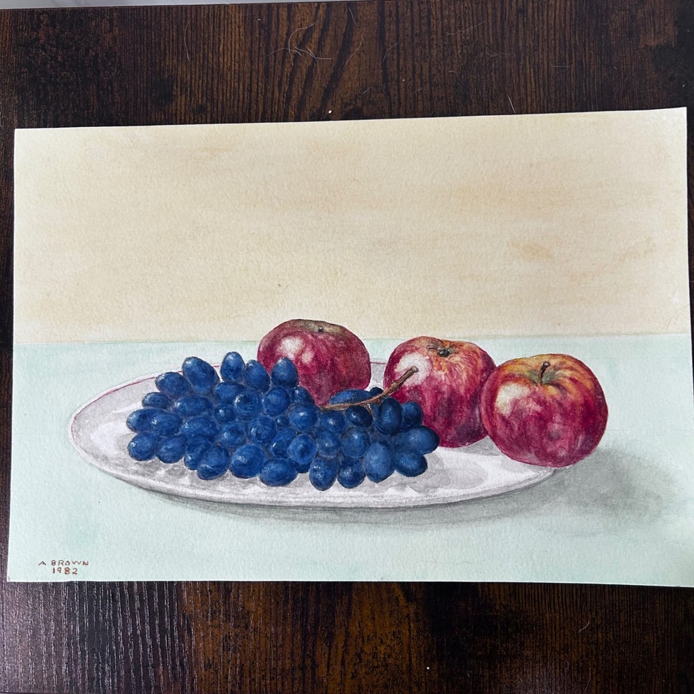 Vintage Tony Brown 1982 Signed Watercolor Still Life Painting Apples Grapes Art